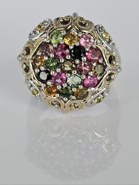 Gems En Vogue Multi-Colored Tourmaline Ring 18k Palladium Sterling Silver Sz 7